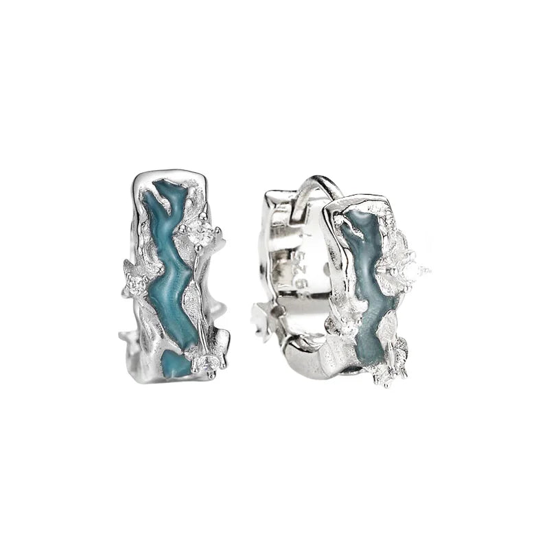 F.I.N.S S925 Sterling Silver Irregular Shaped Hoop Earrings Enamel Zircon Small Piercing Ear Buckles Retro Old Fine Jewelry