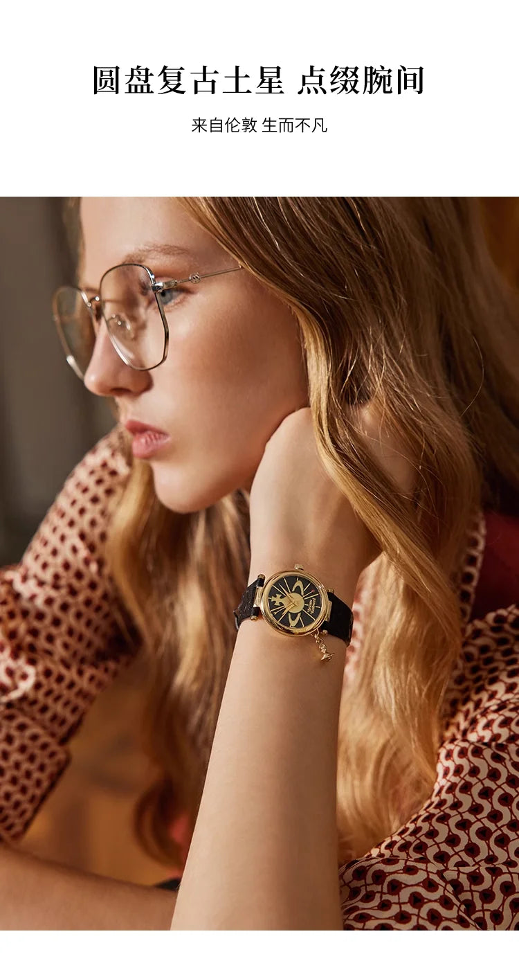 Vivienne Westwood Saturn Pendant Fashionable Exquisite Black Leather Strap Ladies' Watch