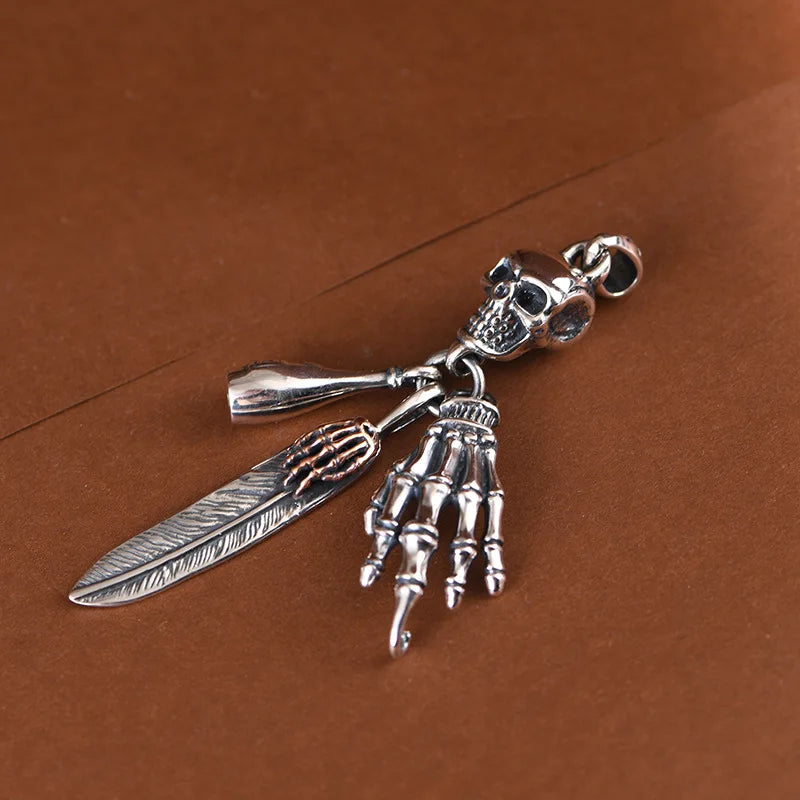 BOCAI New S925 Silver Retro Personalized Trendy Hip Hop Skull Feather Bone Claw Bowling Bottle Men's Pendant