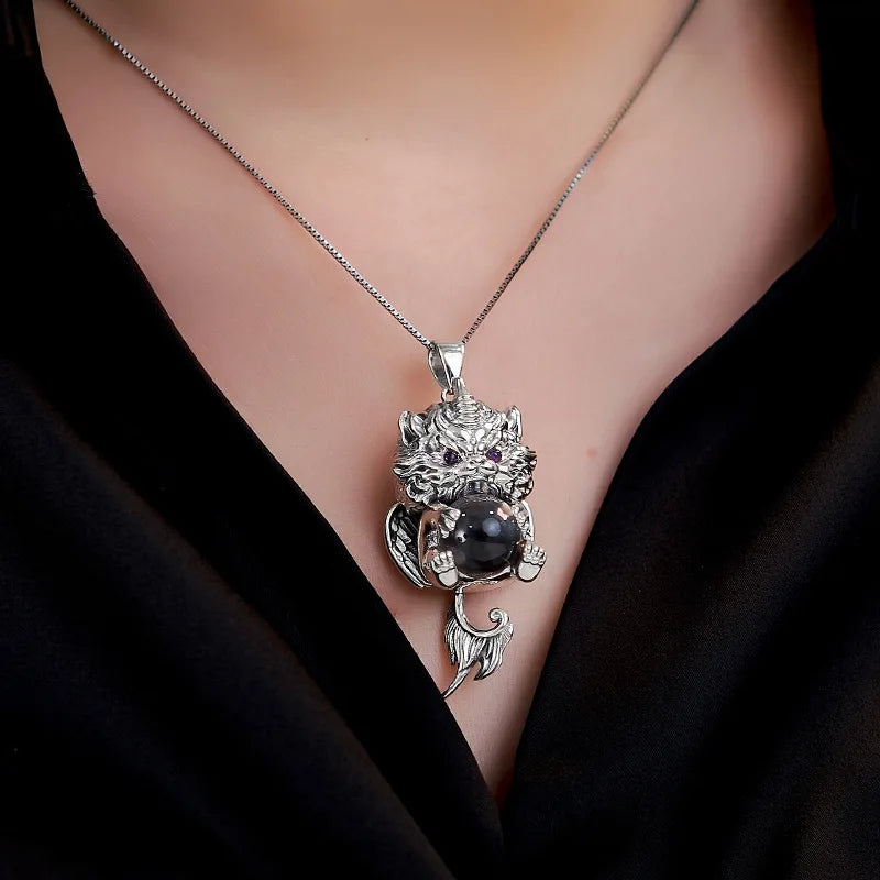 S925 Sterling Silver Pendant for Women Men Retro Wealth Mascot Pixiu Inlaid Rock Crystal Balls Charm Fashion Jewelry Wholesale