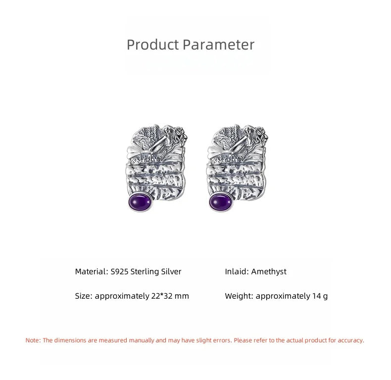 S925 Sterling Silver Stud Earrings for Women Mermaid Retro Texture Geometric Pattern Inlaid Amethyst Ear Stud Jewelry Wholesale