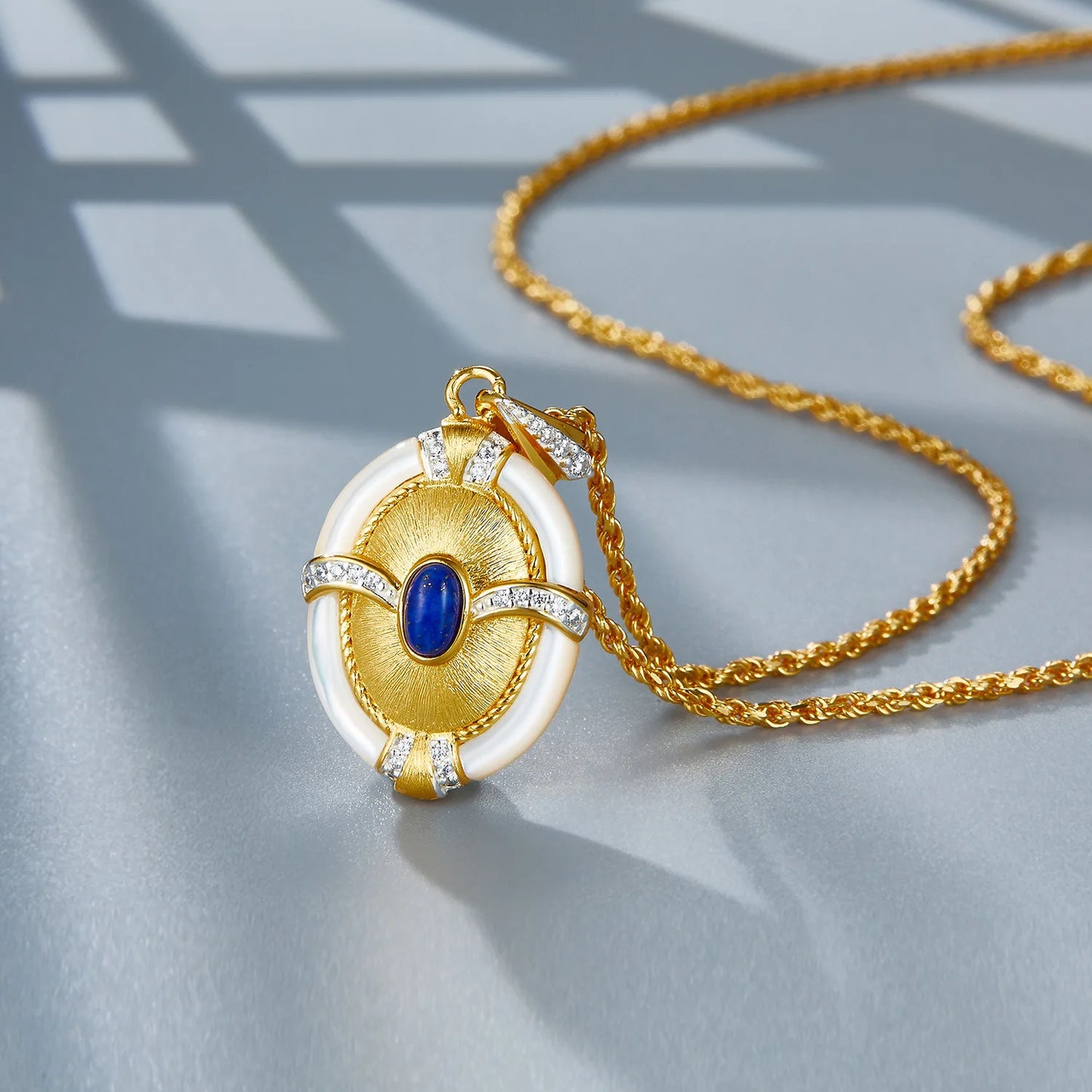 Certificated Vintage 925 Silver Oval Brushed Pendant With Natural Lapis Real White Shell Chain Necklace Italian Luxury Jewelry