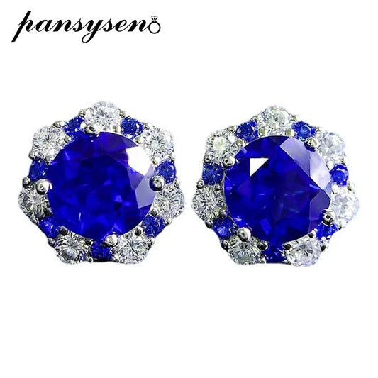 PANSYSEN Vintage 100% 925 Sterling Silver 8MM 2CT Flower Lab Sapphire Diamond Stud Earrings for Women Party Fine Jewelry Gift