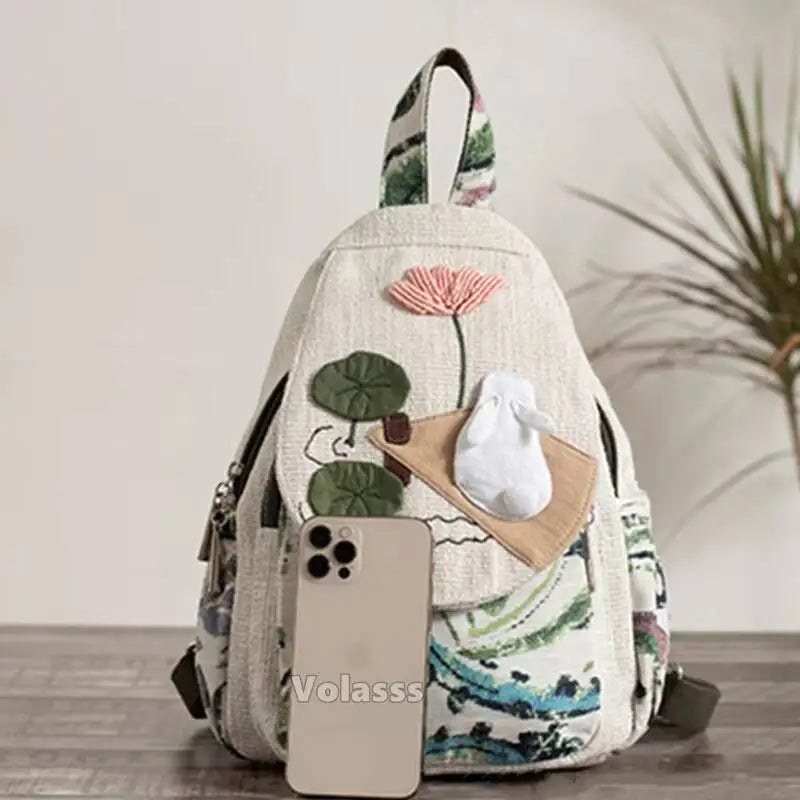 MOTAORA Casual Canvas Backpack Women's Lightweight Travel Shoulder Bag Rabbit Pattern Multi Compartment Handbag Purse