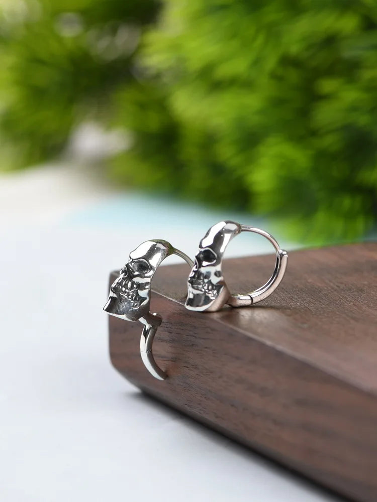 BOCAI New Real S925 Silver Ear Circle Trendy Punk Skull Design Men and Women Earrings Fashion Jewelry Accessories