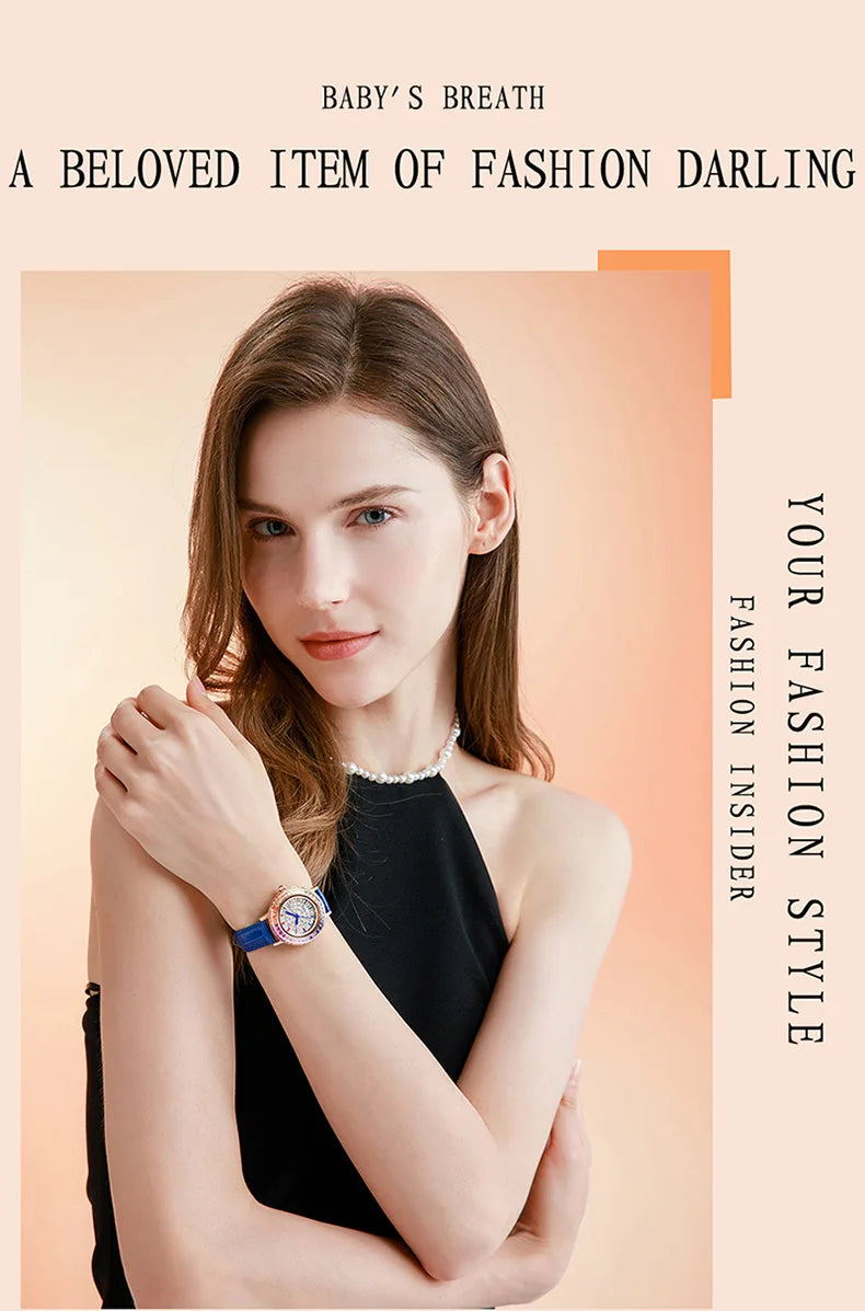 Women Fashion Quartz Watch Light Luxury Brand All Sky Star Leather Strap Diamond Jewelry Crystal Ladies Wristwatches Gift