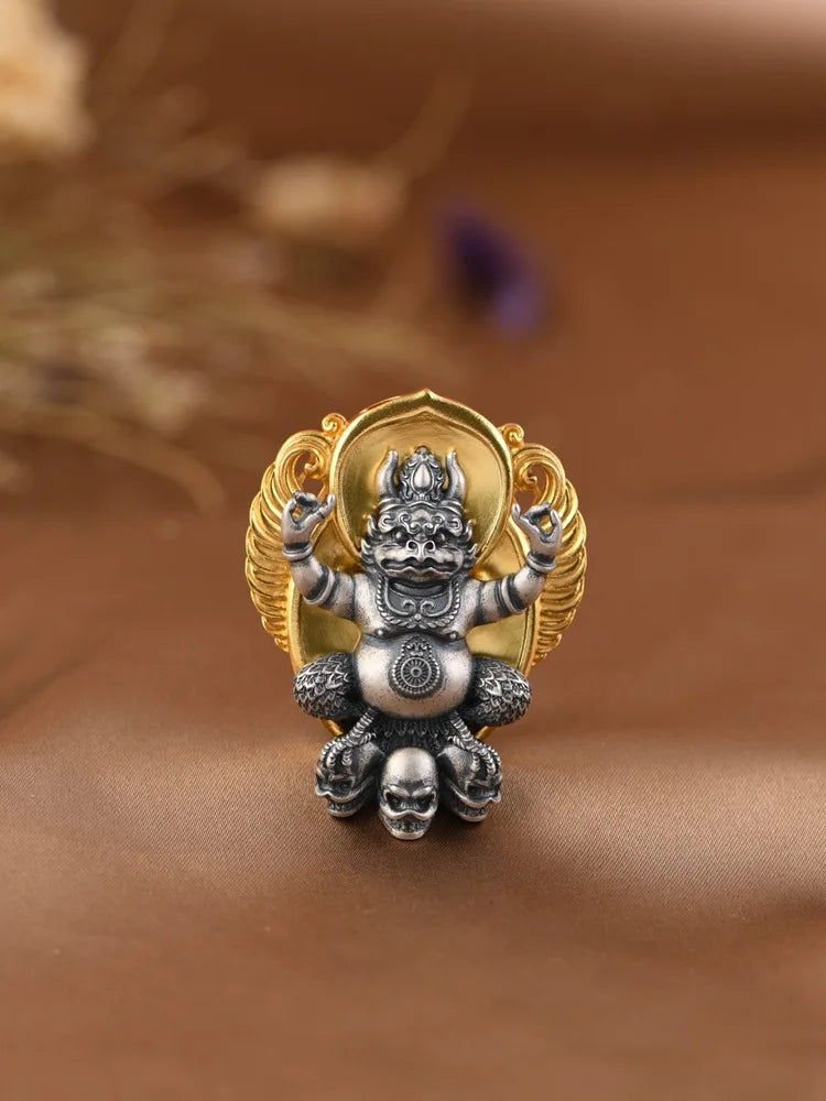 S925 Silver Pendant Necklace, Vintage Gold Flame Skull Men's Garuda Bird Chain, Gothic Statement Jewelry Gift for Men