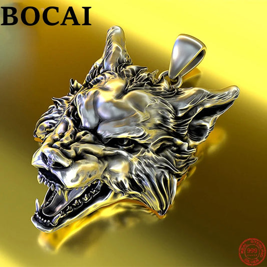 BOCAI Trendy S999 Sterling Silver Charms Pendants for Men Women Popular 3D Wolf Head Pure Argentum Amulet Jewelry Wholesale