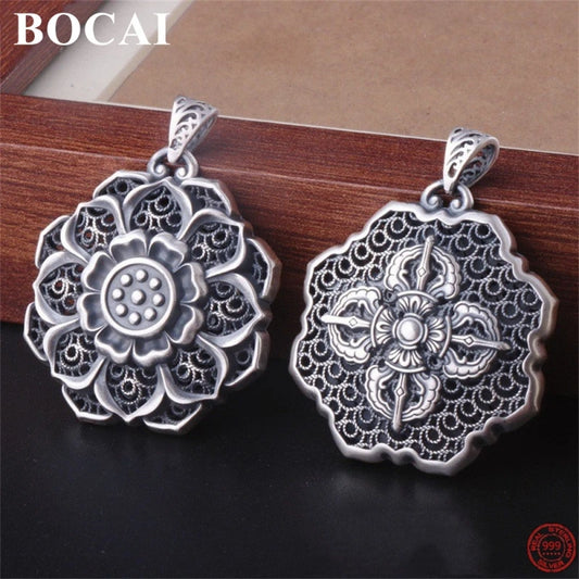BOCAI S999 Sterling Silver Charm Pendants Hollow Out Lotus Vajra Pestle Hanging Jewelry Pure Argentum Amulet for Men and Women