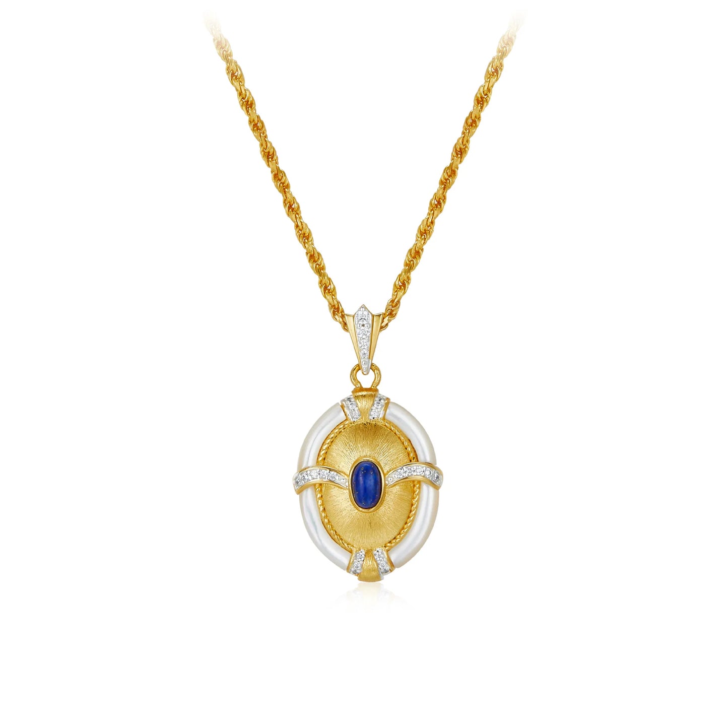 Certificated Vintage 925 Silver Oval Brushed Pendant With Natural Lapis Real White Shell Chain Necklace Italian Luxury Jewelry