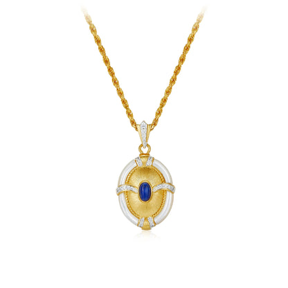 Certificated Vintage 925 Silver Oval Brushed Pendant With Natural Lapis Real White Shell Chain Necklace Italian Luxury Jewelry
