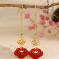 Red Agate Silver Plated Small Flower Good Luck Longevity Lock Agate Earrings Vintage Style for Cheongsam Hanfu Retro Aesthetic