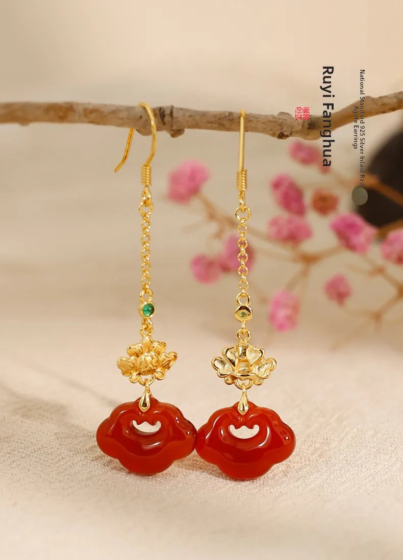 Red Agate Silver Plated Small Flower Good Luck Longevity Lock Agate Earrings Vintage Style for Cheongsam Hanfu Retro Aesthetic