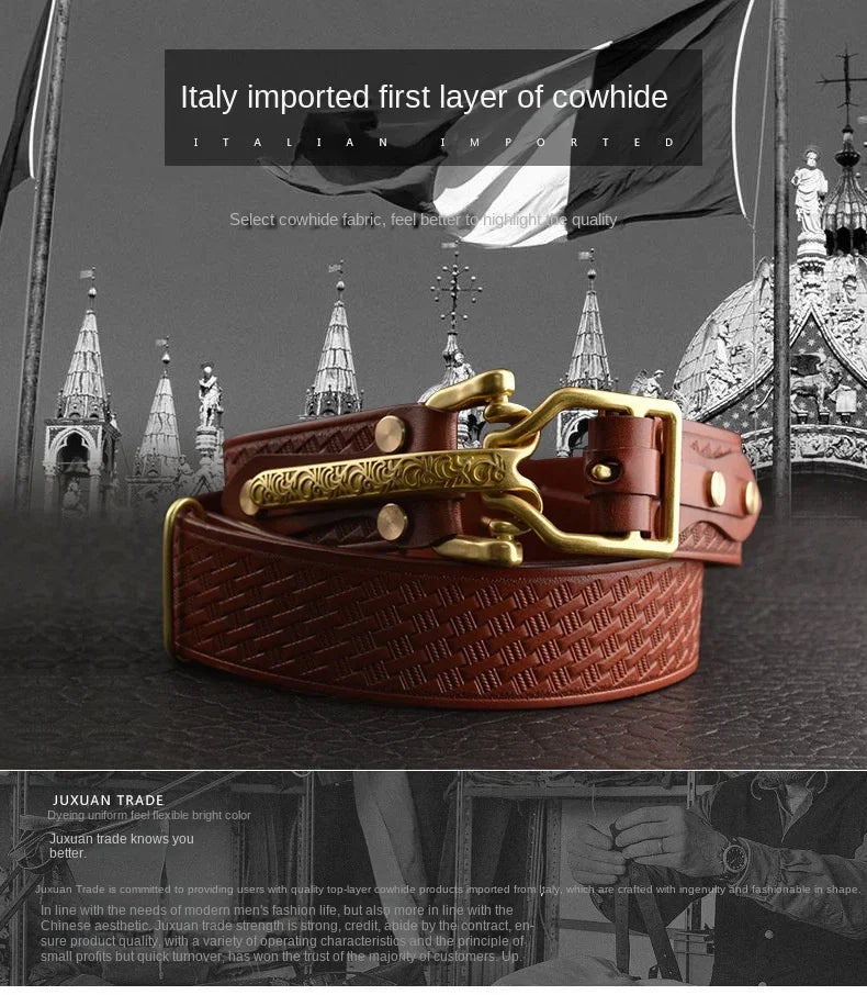 Cavalry genuine copper buckle belt, hand strap Cavalry men's casual pants belt 100% cowhide genuine leather men's denim belt