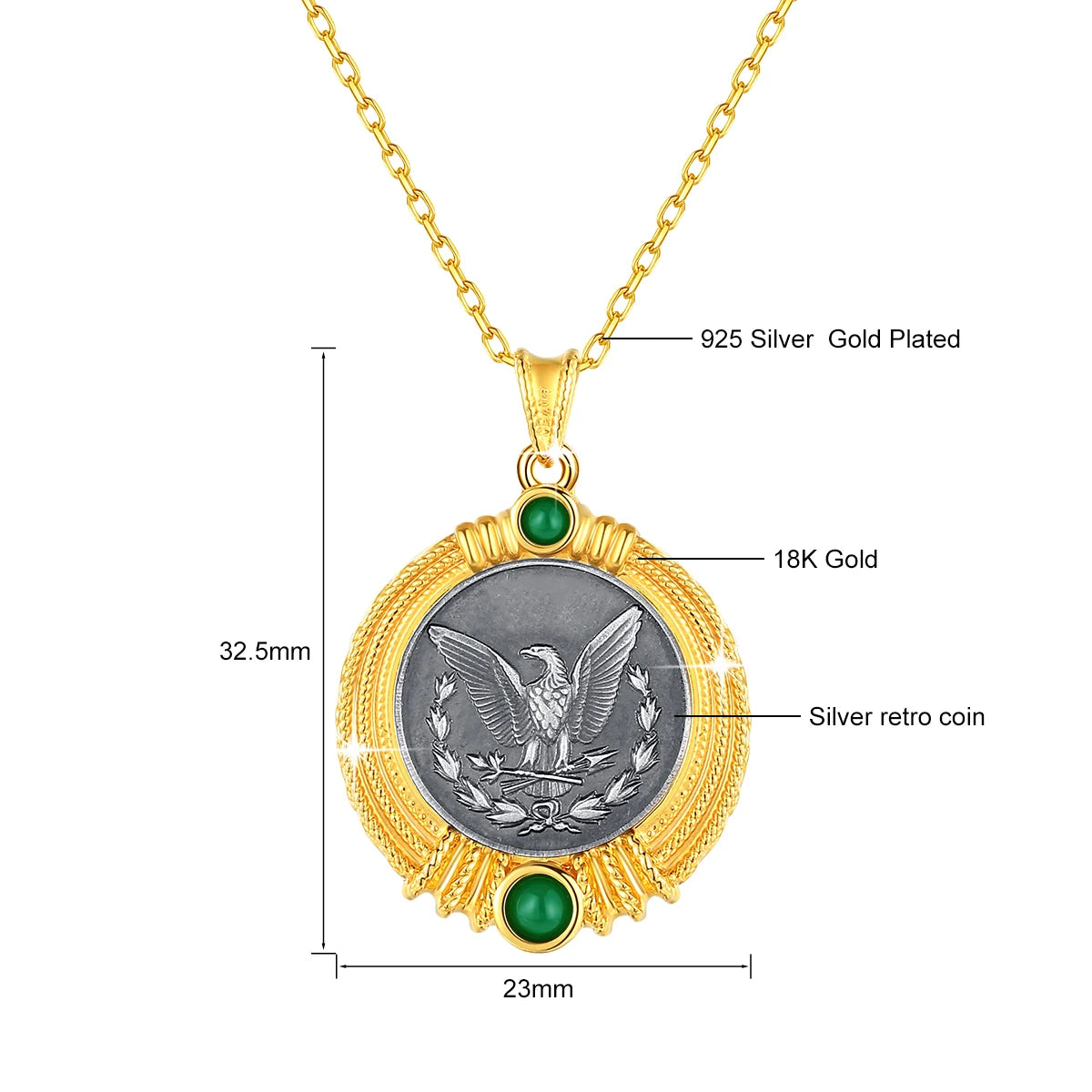 Silver Ancient Coin with Lion's Head 18K Gold Necklace Pendant Fine Sculpture Original Design for Man Women Vintage Jewelry