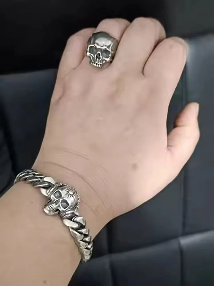 BOCAI Retro Style S925 Sterling Silver with Pattern Trendy Personalized Skull Bracelet for Men