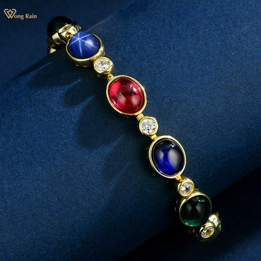 Wong Rain Vintage 925 Sterling Silver Oval Cut 7*9 MM Sapphire Emerald Ruby Gems Colorful Bracelets Bangle Fine Jewelry Gifts