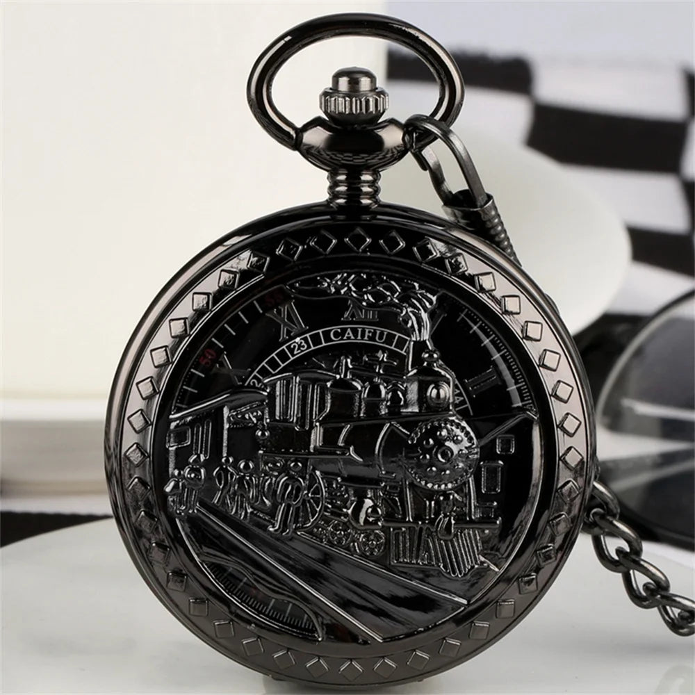 Steampunk Vintage Train Pattern Mechanical Hand-wind Pocket Watch Red Copper Pendant Antique Clock Manual Mechanism Timepiece