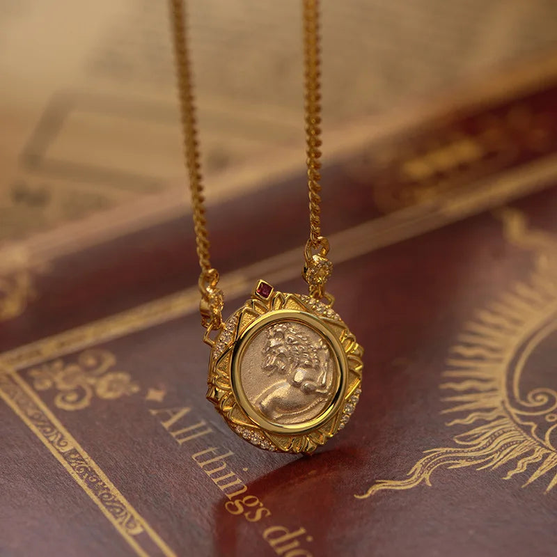 Retro Sterling Silver Necklace For Women's 925 Silver Electroplated 18K Gold Lion Red Treasure Ancient Coin Necklace