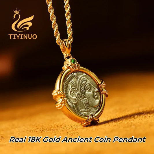 TIYINUO Authentic AU750 Real 18K Real Gold Ancient Coin Athena Owl Pendant Twisted Rope Necklace Delicate Gift For Woman Jewelry