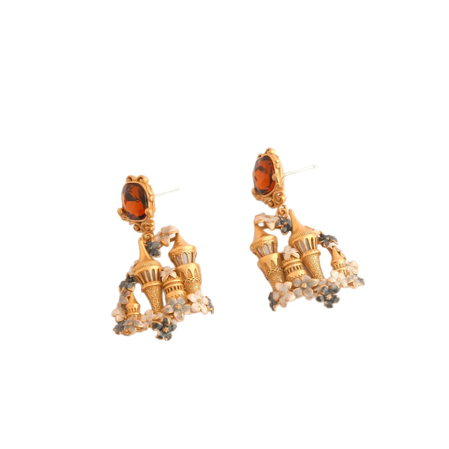 Vintage Gold Castle Enamel Earring 925 Silver Pin Red Agate Crystal Ear Stud Drop Hoop Party Show Wedding Victorian Era Jewelry