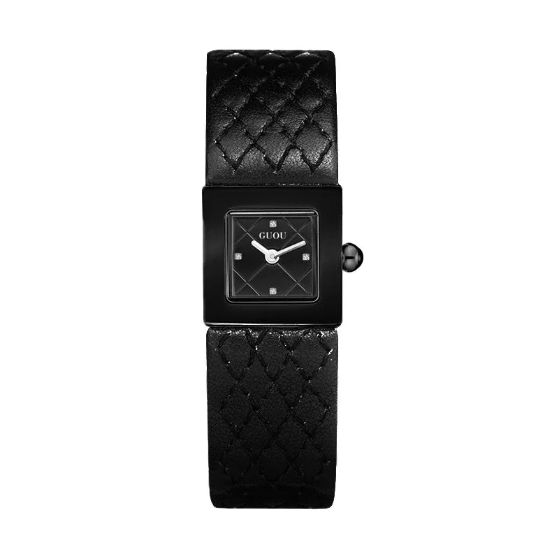 Guou Women Quartz Watch Luxury Clock Fashion Vintage Orologio Retro Classic Black Gold Square Reloj Ladies Leather Wrist Watches