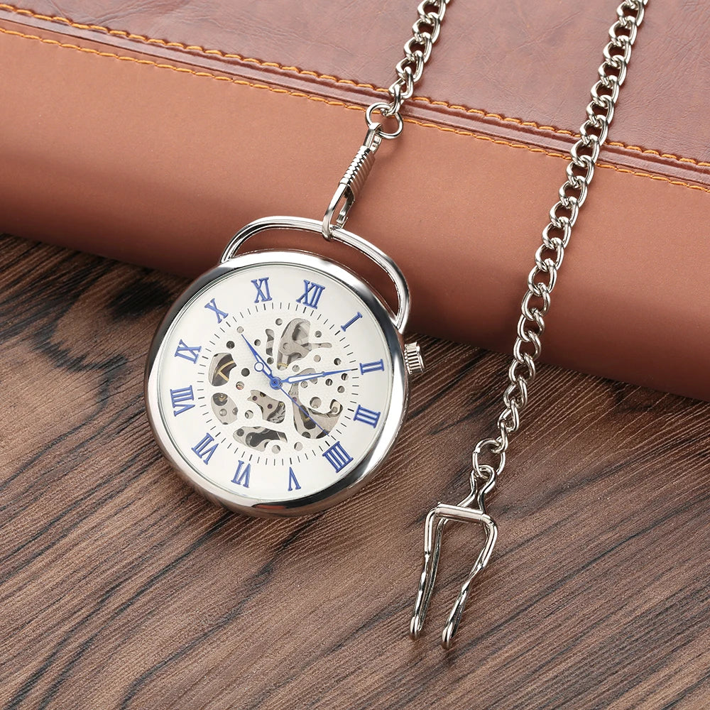 Open Face Blue Roman Numerals Display Mechanical Hand Winding Pocket Watch Silver Transparent Skeleton Pendant Antique Clock