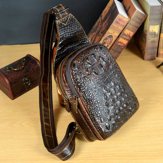 Men's Genuine Leather Crossbody Bag Vintage Crocodile Embossed Luxury Shoulder Bag Chest Bag Designer Adjustable Strap Zipper