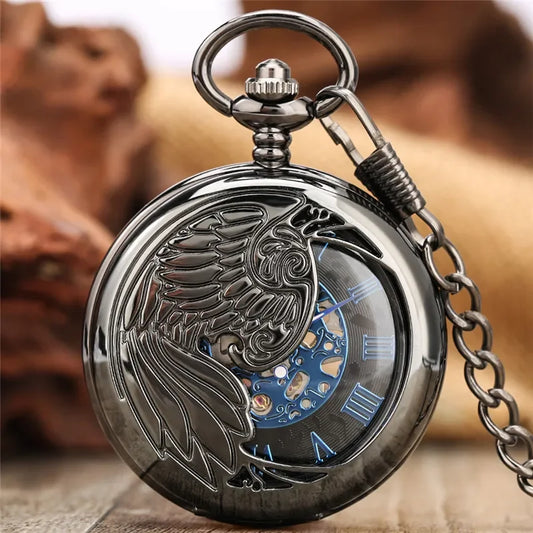 Antique Hollow Peacock Case Blue Roman Number Skeleton Handwinding Mechanical Pocket Watch Chain Gift for Men Women reloj