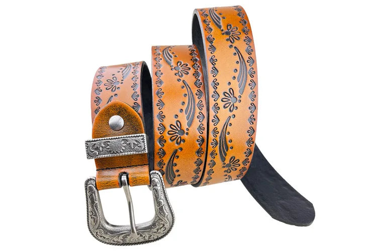 Punk retro embossed first layer cowhide belt, national personality  literary fashion bohemian port style men's and women's belt