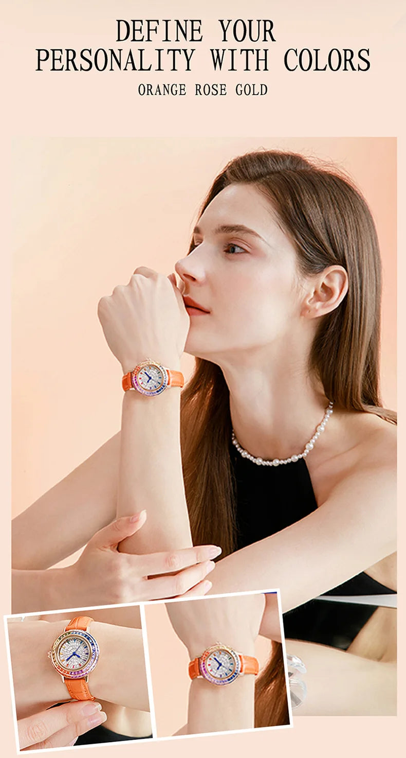 Women Fashion Quartz Watch Light Luxury Brand All Sky Star Leather Strap Diamond Jewelry Crystal Ladies Wristwatches Gift