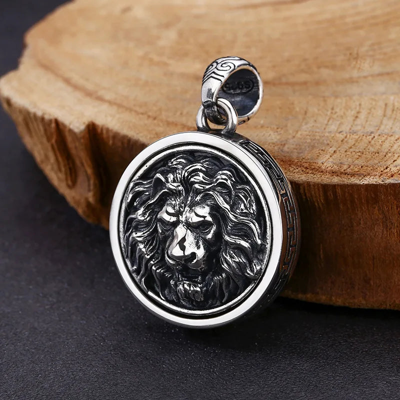 Real S925 Sterling Silver Vintage Domineering Lion Head Medal Chain Pendant Punk Trend Retro Fashion Jewelry