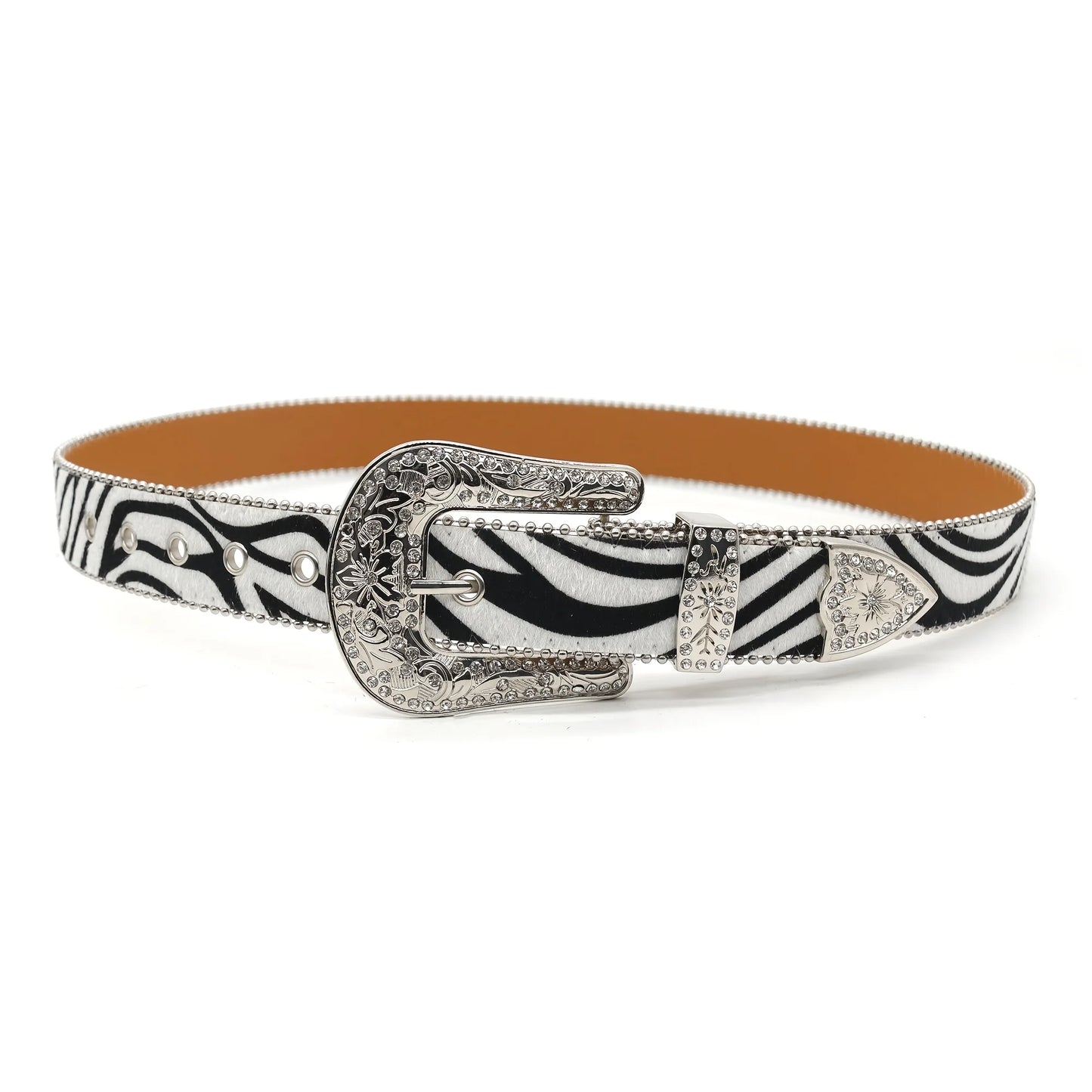 Unisex New Arrival Punk Style Leopard Zebra Print Rhinestone Belt With Alloy Buckle Y2K Belt For Men Women Faux Leather