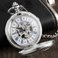 PJX054 Antique Full Silver Stainless Steel Pocket Watch Mechanical Men Steampunk Vintage Hand-wind Engraved Fob Pendant Clock