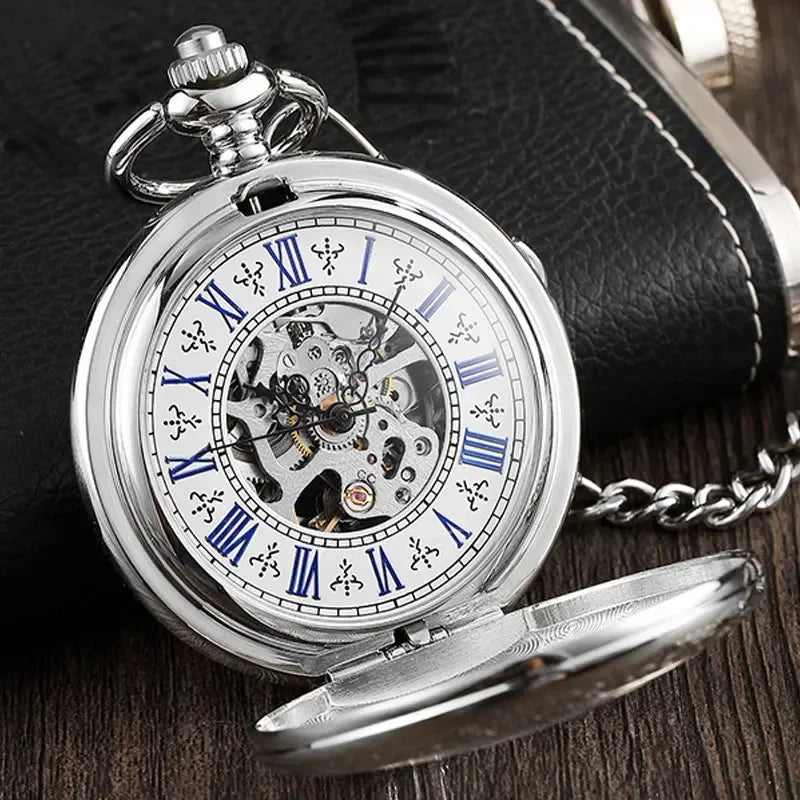 PJX054 Antique Full Silver Stainless Steel Pocket Watch Mechanical Men Steampunk Vintage Hand-wind Engraved Fob Pendant Clock