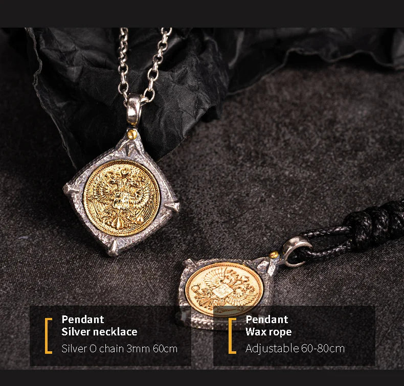 Double Headed Eagle Embossed Silver Inlaid Copper Pendant Necklace  Byzantine Style Vintage Antique Jewelry Gift