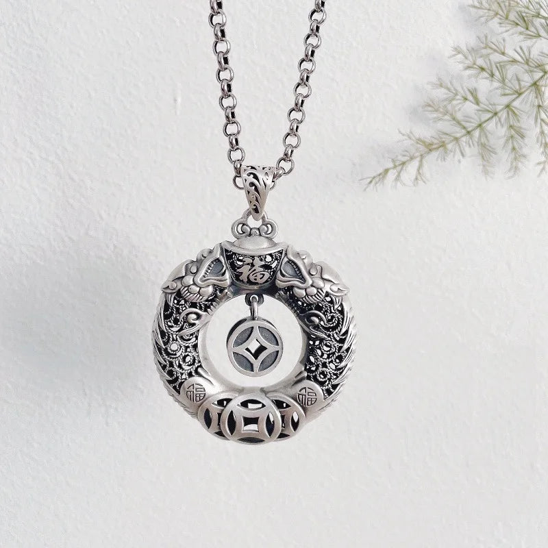 Real S999 Sterling Silver Retro Lucky Double Dragons Pendant For Men Women Chinese Style Fortune Dragon Round Chain Pendant