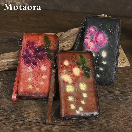MOTAORA Women's Vintage Leather Long Wallet with Zipper, Floral Clutch Purse for Ladies, RFID Card Holder Retro Wristlet Handbag