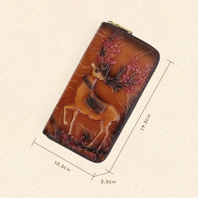 MOTAORA New Embossed Genuine Leather Wallet For Women’s Long Zipper Large Capacity Handbag Ethnic Style Card Phone Bag Purses