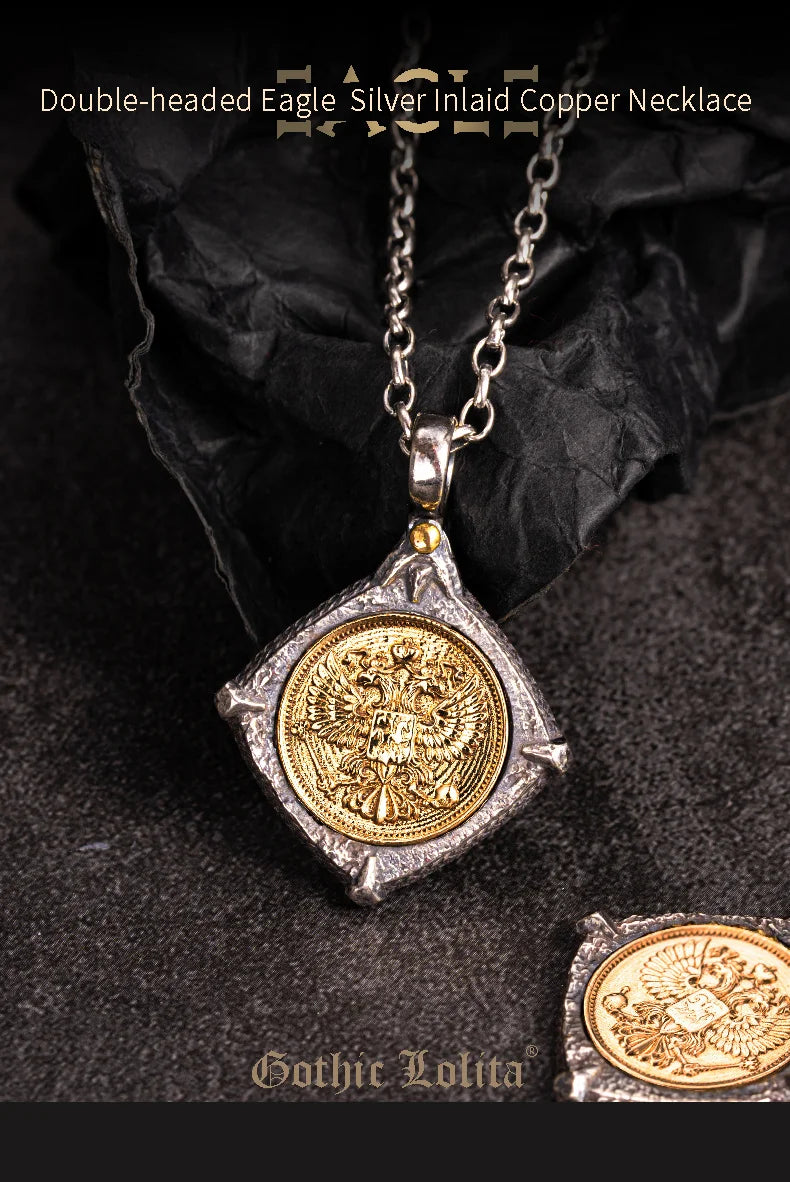 Double Headed Eagle Embossed Silver Inlaid Copper Pendant Necklace  Byzantine Style Vintage Antique Jewelry Gift