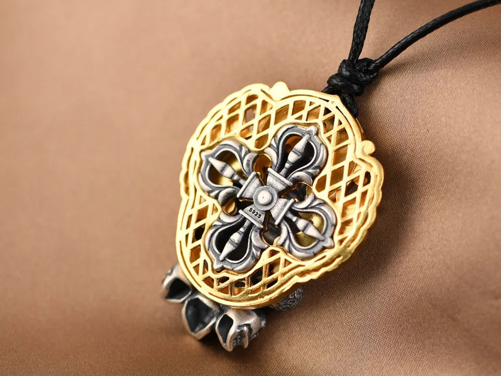 S925 Silver Pendant Necklace, Vintage Gold Flame Skull Men's Garuda Bird Chain, Gothic Statement Jewelry Gift for Men