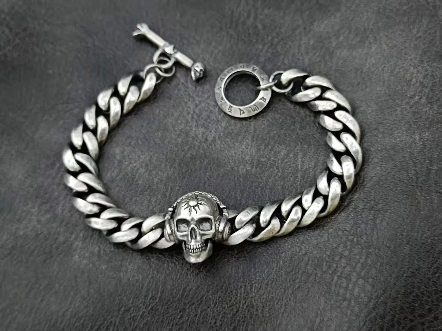 BOCAI Retro Style S925 Sterling Silver with Pattern Trendy Personalized Skull Bracelet for Men