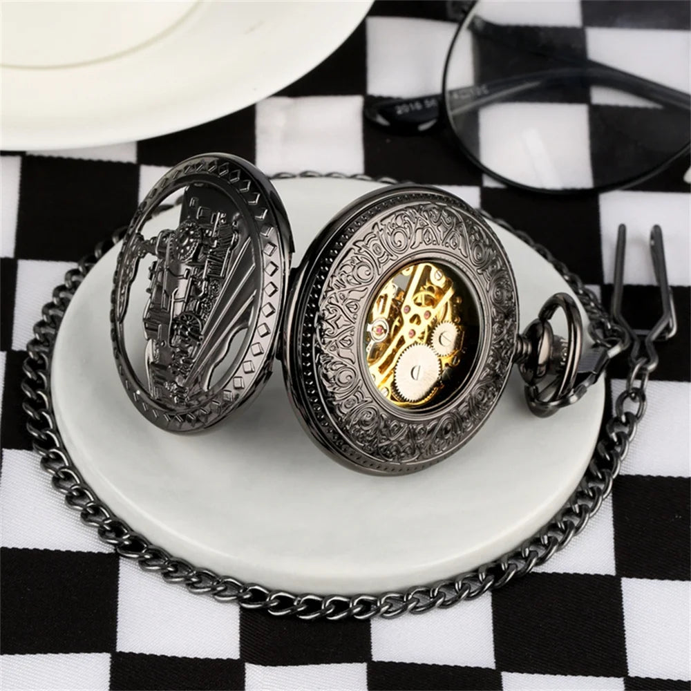 Steampunk Vintage Train Pattern Mechanical Hand-wind Pocket Watch Red Copper Pendant Antique Clock Manual Mechanism Timepiece