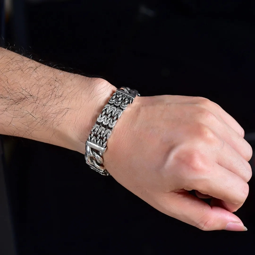 BOCAI NEW S925 Sterling Silver Vintage Personality Peace Pattern Buckle Men's Bracelet