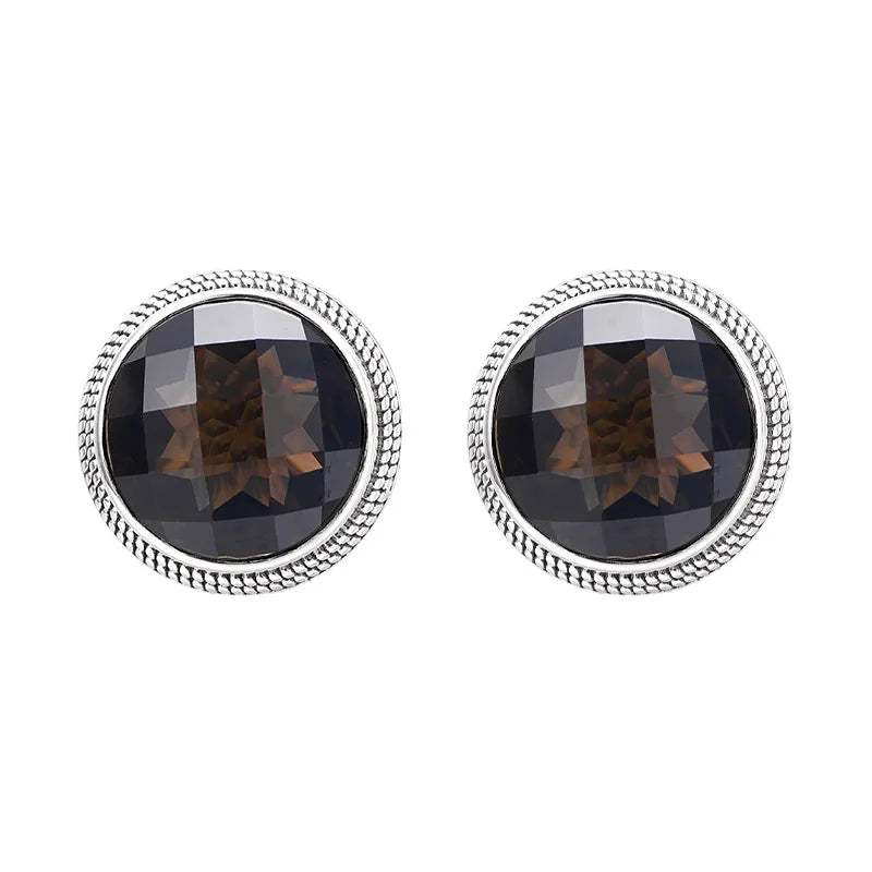 S925 Sterling Silver Studs Earring for Women Retro Edging Tangent Plane Smoky Quartz Ear Studs Fashion Classic Jewelry Wholesale