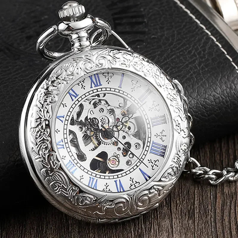PJX054 Antique Full Silver Stainless Steel Pocket Watch Mechanical Men Steampunk Vintage Hand-wind Engraved Fob Pendant Clock