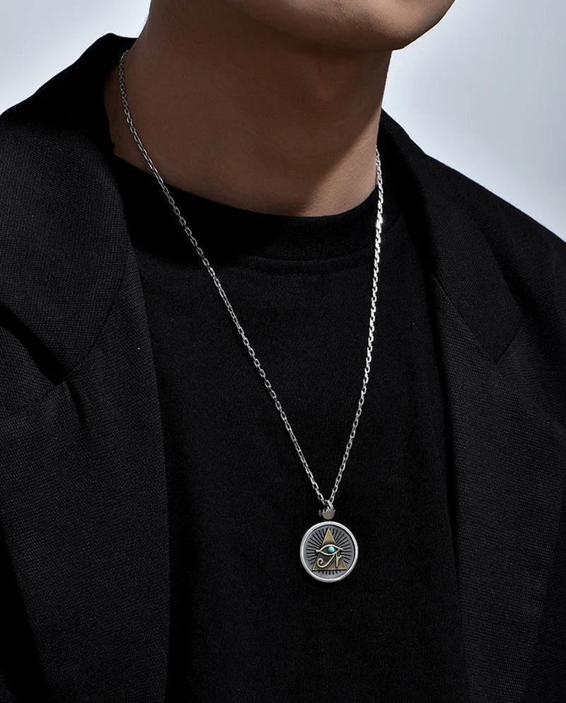 Necklace Pendant Real 925 Sterling Silver Men Eye Of God Horus Inlaid Turquoise Vintage Jewelry Free Dropshipping P28