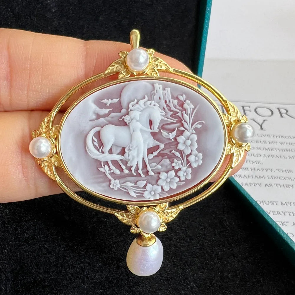 925 Sterling Silver Cameo Charms & Pendant Natural Agate Horse Pendant for Jewelry Making