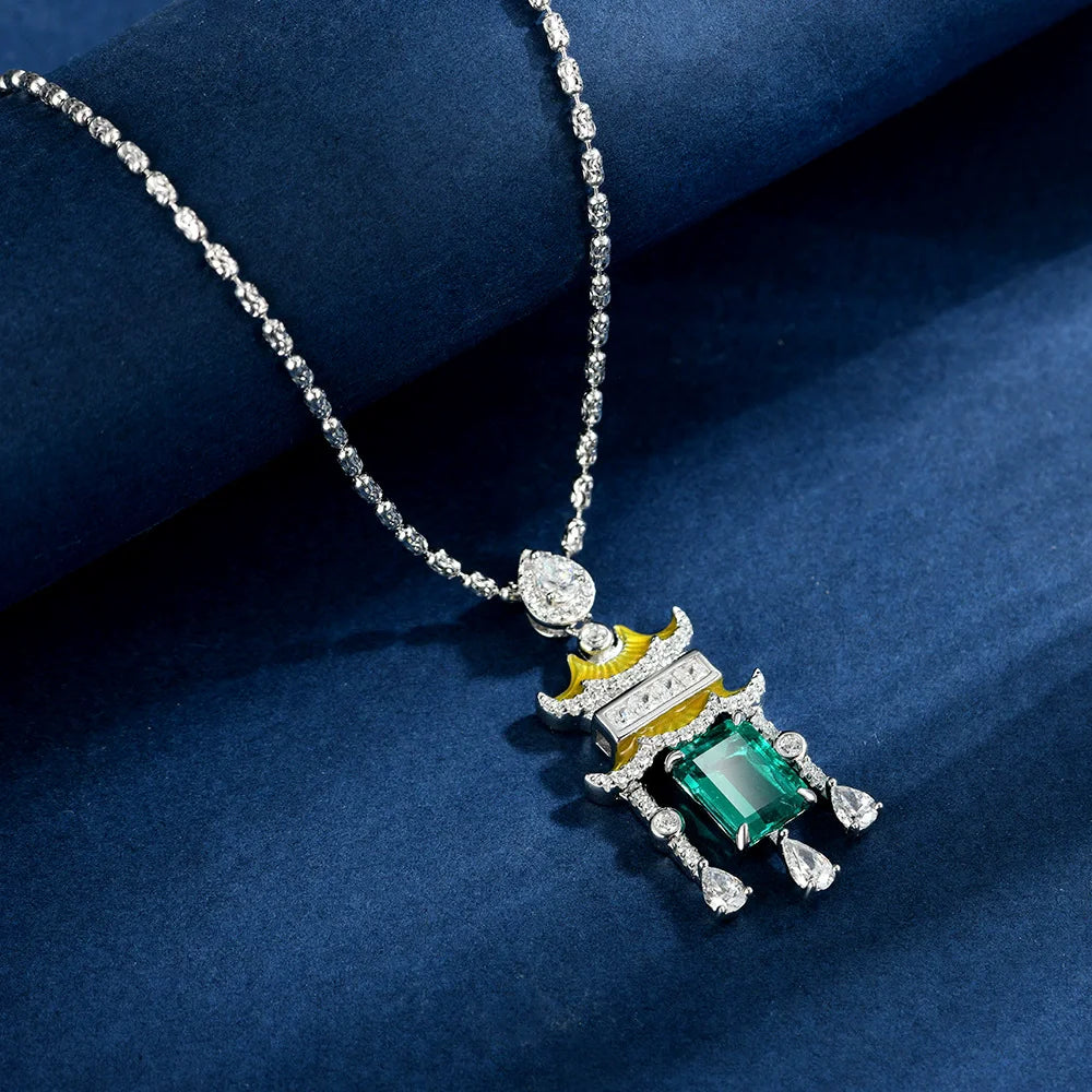 WUIHA Vintage 925 Sterling Silver 7 * 9 MM Lab Sapphire Emerald Ruby High Carbon Diamonds Gemstone Pendant Necklace Fine Jewelry