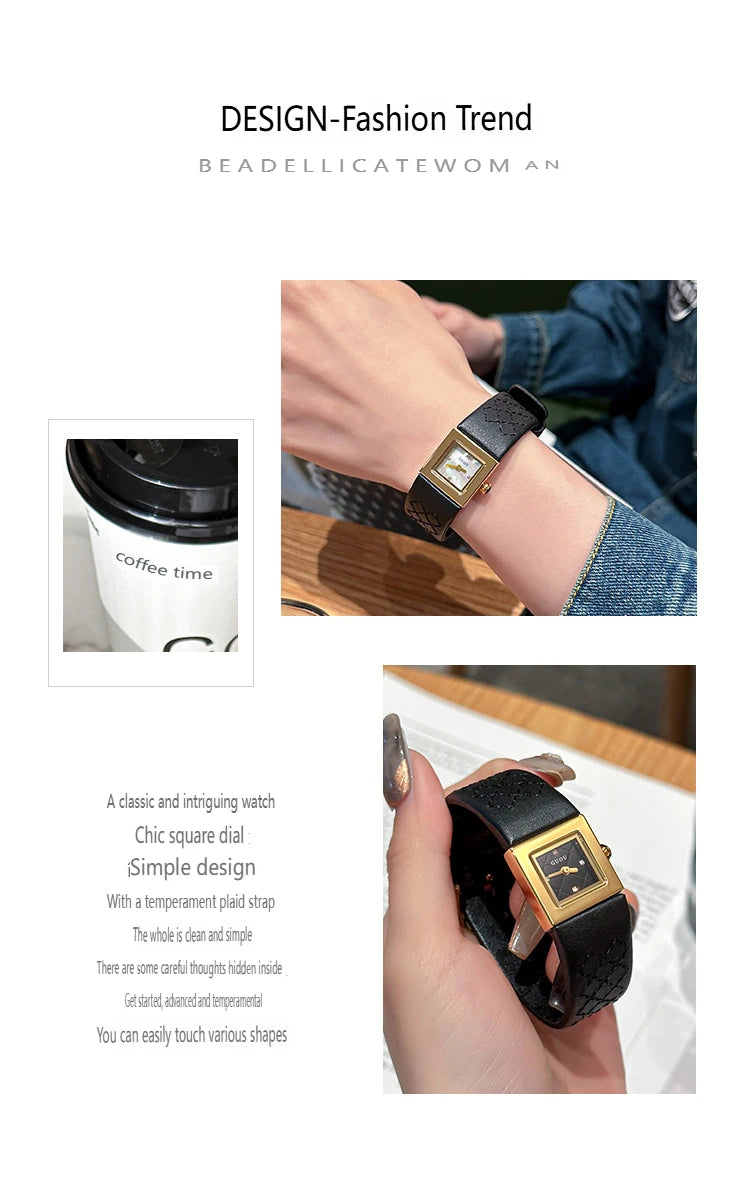 Guou Women Quartz Watch Luxury Clock Fashion Vintage Orologio Retro Classic Black Gold Square Reloj Ladies Leather Wrist Watches